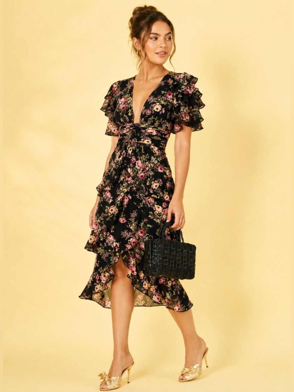WAYF Miranda Romantic Vintage Floral Ruffle Layer Midi Dress NEW Size Small